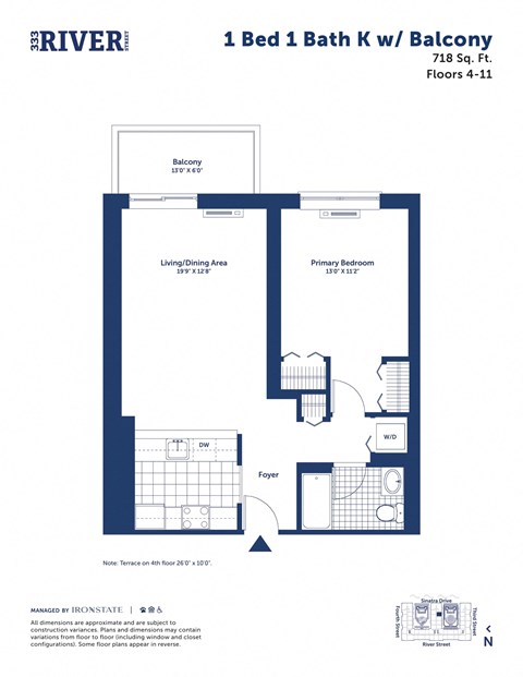 Floor plan for 1 bed, 1 bath, 718 sqft
